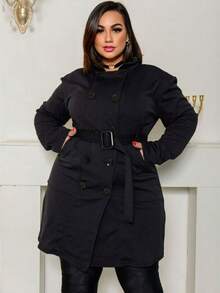 Plus Size Winter Fleece Overcoat With Pockets And Button Closure - 黑色 - 查看 4