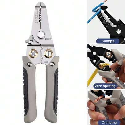 1 chiếc kìm tuốt dây điện ProMaster 8 trong 1, thép crom vanadi, tay cầm chống trượt, đa chức năng với chốt an toàn, dụng cụ cắt, tuốt và bấm đầu dây dành cho thợ điện.