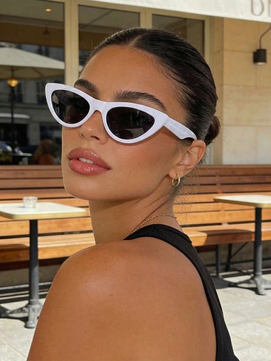 Retro Cat Eye Frame White Fashion Sunglasses, Classic Plastic Eyewear For Women, Outdoor Travel Beach Vacation Casual Decoration Daily Wear, Summer UV Protection Shades For Men - White - View 1