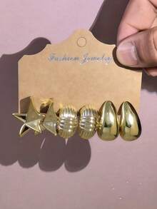 2-6-18pcs Gold Tone Fashion Jewelry Earring Set, Suitable For Daily, Travel, Vacation, Date, Festival, Engagement, Beach Wear, Versatile For All Seasons - Gold - View 3