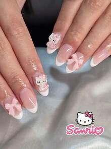 SANRIO Bộ 24 móng tay giả ngắn hình hạnh nhân màu trắng, kiểu Pháp, hình Hello Kitty dễ thương, nơ trắng, đính đá, móng giả hợp kim acrylic, móng gel, dụng cụ làm móng (kèm theo: một miếng gel và dũa móng) Thích hợp cho nữ sử dụng hàng ngày, hẹn hò, dự tiệc - Nhiều màu - Xem 7