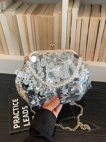 Shiny Sequin Handbag, Summer New Model, Versatile Chain Shoulder Bag, Elegant Frame Purse - Silver - View 9