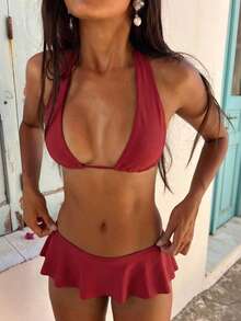 Women's Elegant Plaid Swimsuit Set With Ruffle Details, Suitable For Spring/Summer Beach Vacation, Seaside Activities And Fashion Holiday Outfits - Red - View 1