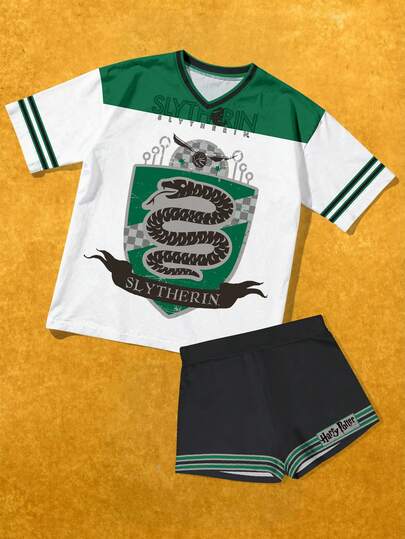 SHEIN X Harry Potter 女士联名休闲短袖T恤短裤套装，将联名元素融入设计，打造活力时尚造型