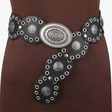 Cinturón con hebilla redonda de remache estilo retro, banda de cintura con ojetes de moda bohemia, versátil - Blanco - Ver 7