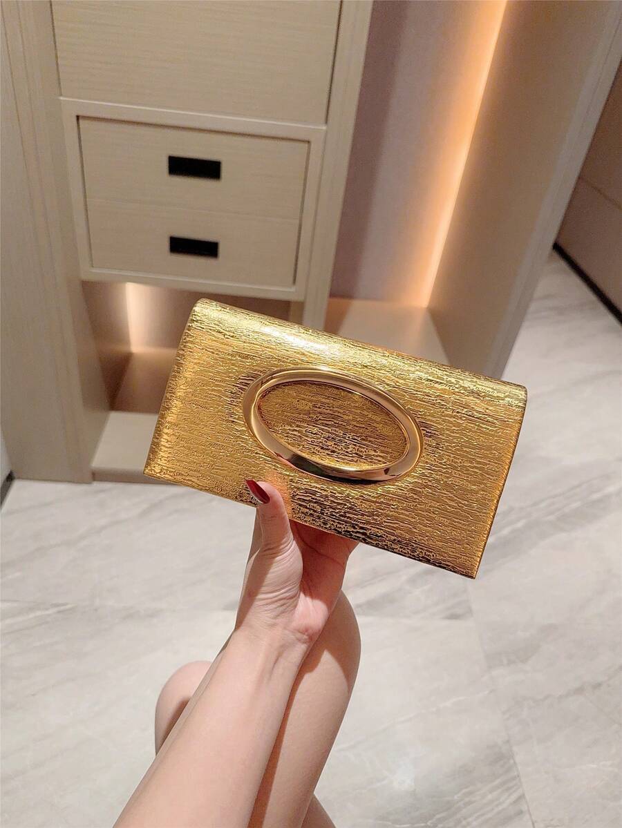 1件欧美时尚金属装饰迷你盒形手拿包，闪亮金属条镶嵌，优雅奢华，适合晚礼服、派对、婚礼、舞会、盛会等场合，皮革设计，配有金属链条 - 金色 - 查看 1