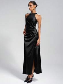 Black Elegant Crew Neck Ruched Slit Satin Midi Dress, Perfect For Wedding Guest, Date Night, Summer Vacations, Graduation, And Casual Gatherings - Black - View 4
