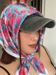 Lenço quadrado feminino elegante com estampa floral, macio e respirável, acessório de cabelo moderno para uso diário, elástico de cabelo estiloso, acessórios, toalha de praia. - Rosa - Ver 3