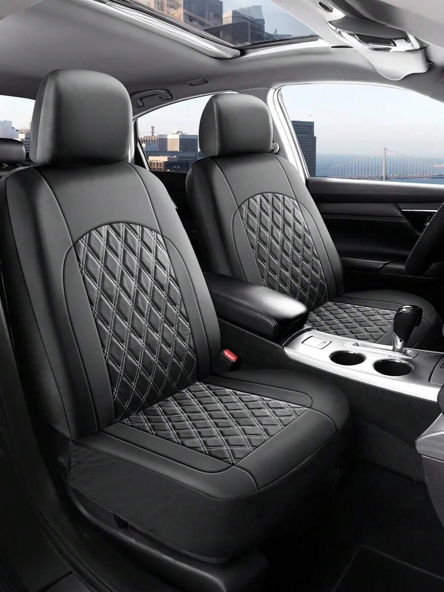 通用汽車座椅套組－2個前座或5件全套，PU皮革菱格紋絎縫，防滑底背，簡易安裝，適用於轎車、SUV與皮卡車，座椅套，內裝保護套件，汽車內裝配件