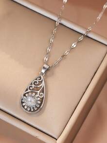 1pc Copper Inlaid Artificial Zirconia Hollow Daisy Teardrop Women's Necklace, French Gentle Style Commuter Accessory, Valentine's Day Gift For Girlfriend, Versatile Collarbone Chain For Office Commute - Daisy - View 7
