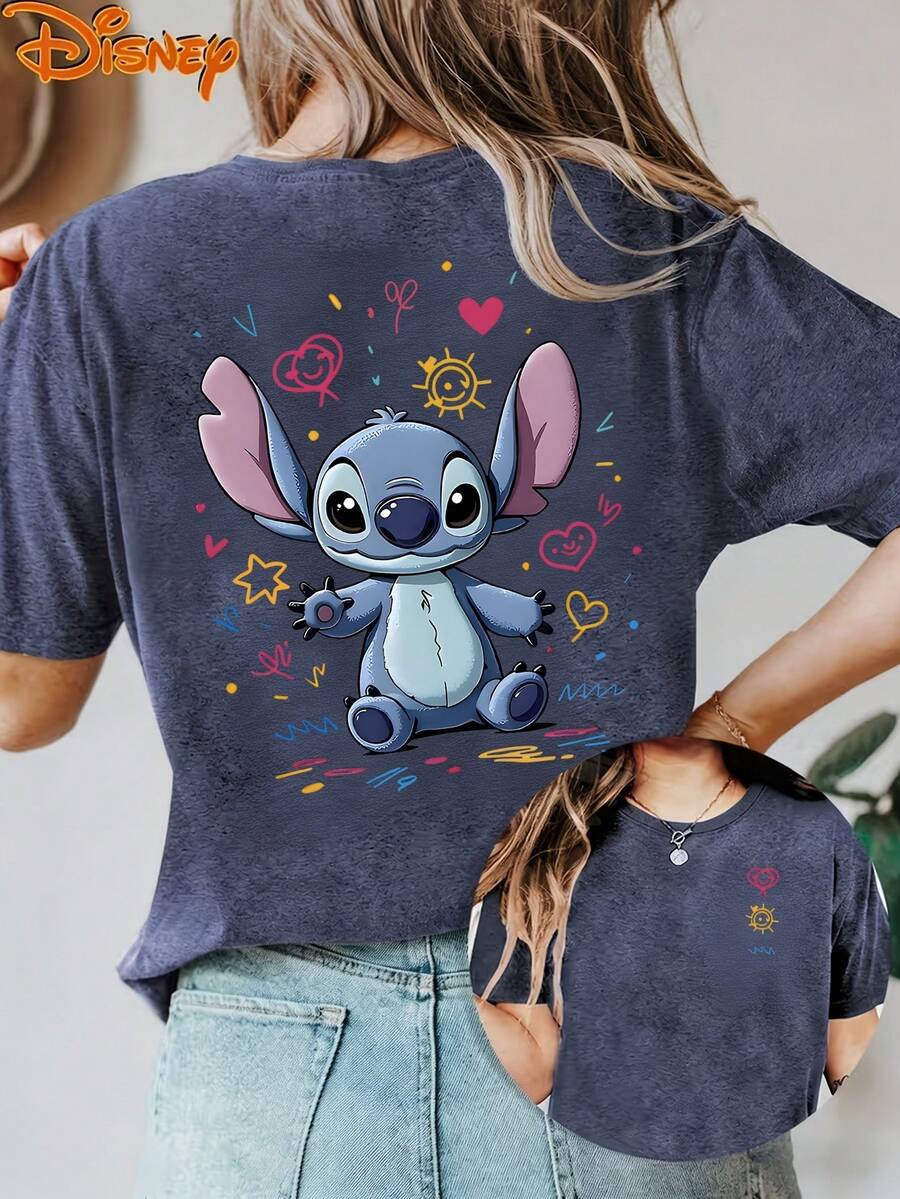 Disney License T Shirts,Disney Lilo & Stitch Cute Doodle Smile Print Oversized T-Shirt For Women, Cute Retro Alien Cartoon Graphic Loose Fit Casual Tee,  Stitch Fans Short Sleeve Tops For Disney World Trip Daily Wear Birthday Gift ,Camiseta, Summer Outfits For Women, Summer Clothes, Summer Tops, Tops For Women, Festival Outfits, Summer Tops For Women, Mother's Day, Mother's Day Clothing, Gifts For Family And Friends, Spring Outfits For Women, Officially Licensed Disney T-Shirts, Disney Men's And Women's Spring/Summer Fashion Casual Short-Sleeve T-Shirts - Blue - View 1