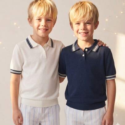Bộ 2 áo polo tay ngắn mỏng dệt kim phối màu kẻ sọc kiểu học sinh cho bé trai, thích hợp mặc đi học, mặc hàng ngày, mùa xuân, hè, thu.
