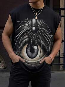 Men's Double-Sided Printed Sleeveless T-Shirt, Front & Back Spider Eye And Gothic Letter Print, Y2K Workwear Style, Soft Breathable Fabric, Summer Muscle Tank Top - Black - View 2