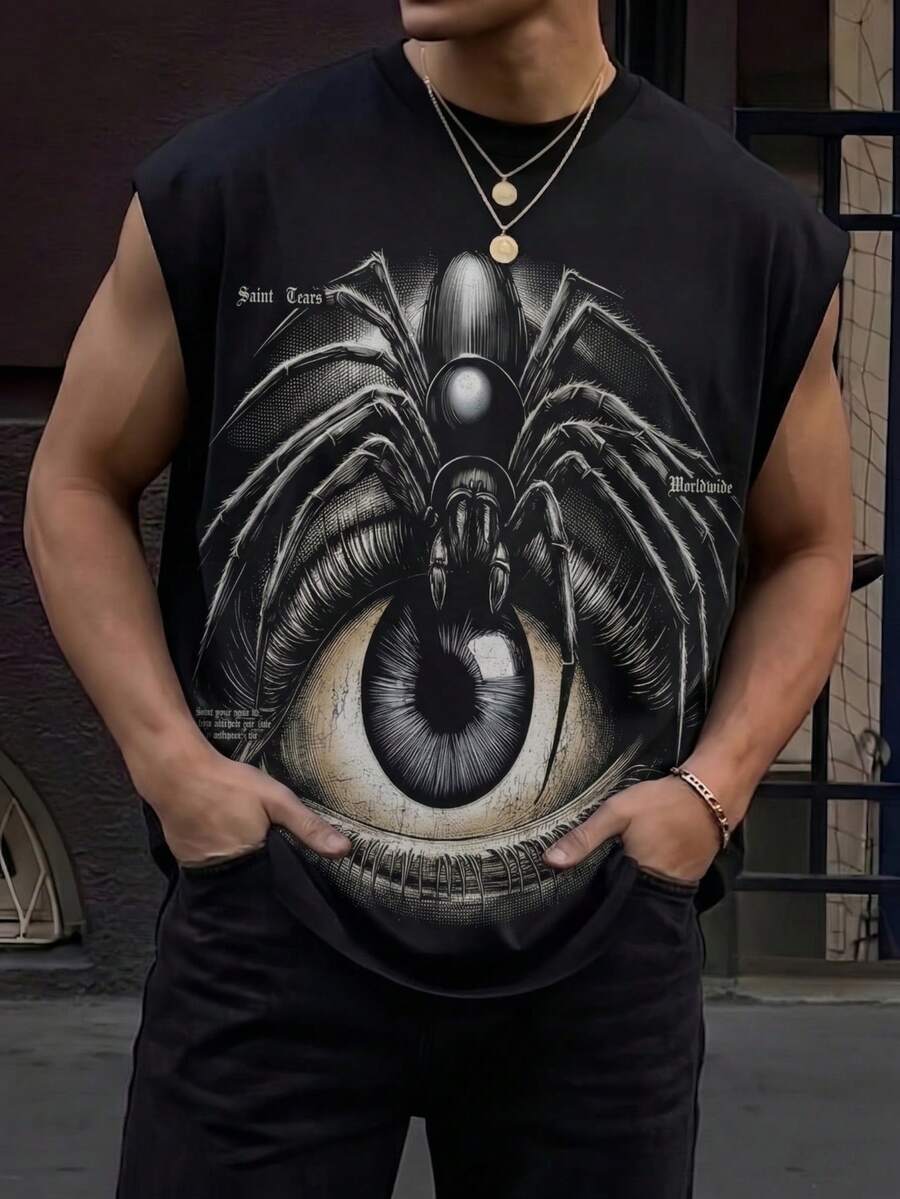 Camiseta sin mangas con impresión doble cara para hombres, con estampado de ojo de araña y letra gótica en el frente y la espalda, estilo de ropa de trabajo Y2K, tela suave y transpirable, top sin mangas de verano - Negro - Ver 1