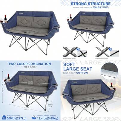 Sillón de camping doble de gran tamaño resistente plegable para 2 personas para adultos sillas portátiles de césped al aire última intervensión con asiento acolchado para pesca deportes y patio
