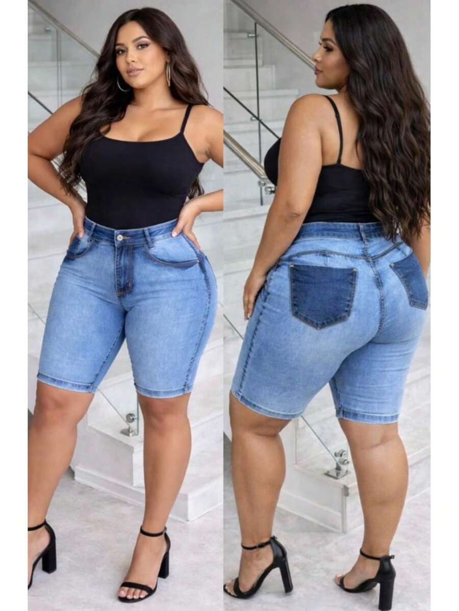 Bermuda Ciclista PLUS SIZE EVIDENCE Cintura Alta Com Lycra Modelagem Levanta Bumbum. - Azul Evidence - Visão 1
