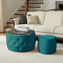 Luxurious Set Of 2 Stackable Velvet Stools, 4-In-1 Function, Round Stool With Wooden Shelf And Storage Space, No Assembly Required, Beige Color (58cm X 58cm X 38cm). - Blue - View 2