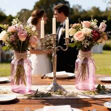 Vintage Glass Flower Vase, Farmhouse Glass Centerpiece Vases Mason Jars For Weddings, Parties & Home Decor Bulk (12, Transparent)  Bud Vases For Flowers For Rustic Wedding KDW8 - 粉紅色的 - 查看 5