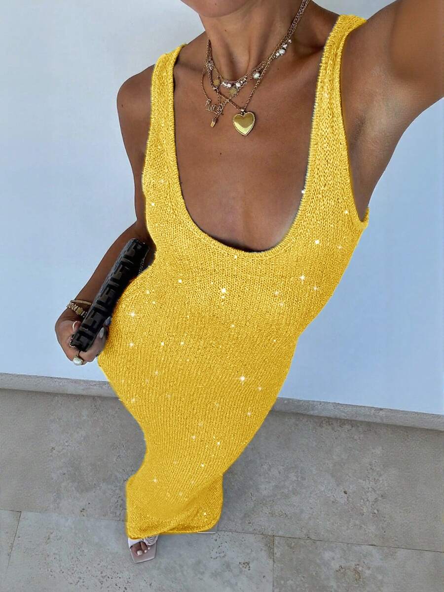 女士休闲可爱性感优雅闪亮修身长款针织连衣裙，圆领无袖修身时尚优雅泳装沙滩罩衫，适合度假、夜生活、约会、日常穿着、派对、乡村音乐节、夏季郊游