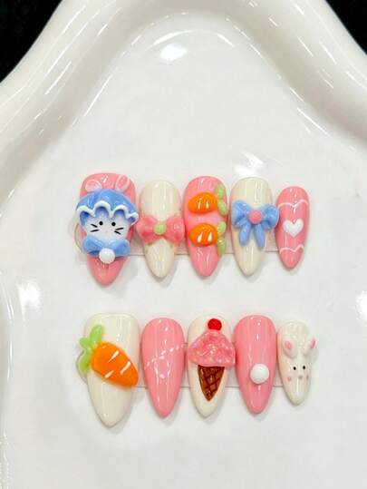 10PCS Middle Almond Handmade Press On Nails For Party And Daily Wear,Pink Color Nails,Almond Nail ,Cute Bunny & Mini Carrot,Hand-Painted 3D Carved Cute Girly Summer Press-On Nails,Summer Nails. Easy To Wear 10pcs Y2K Handmade Press On Nails,Shining Bright ,Summer Nails ,Summer Style,Suitable For Girls And Women Festivals Parties And Daily Wear