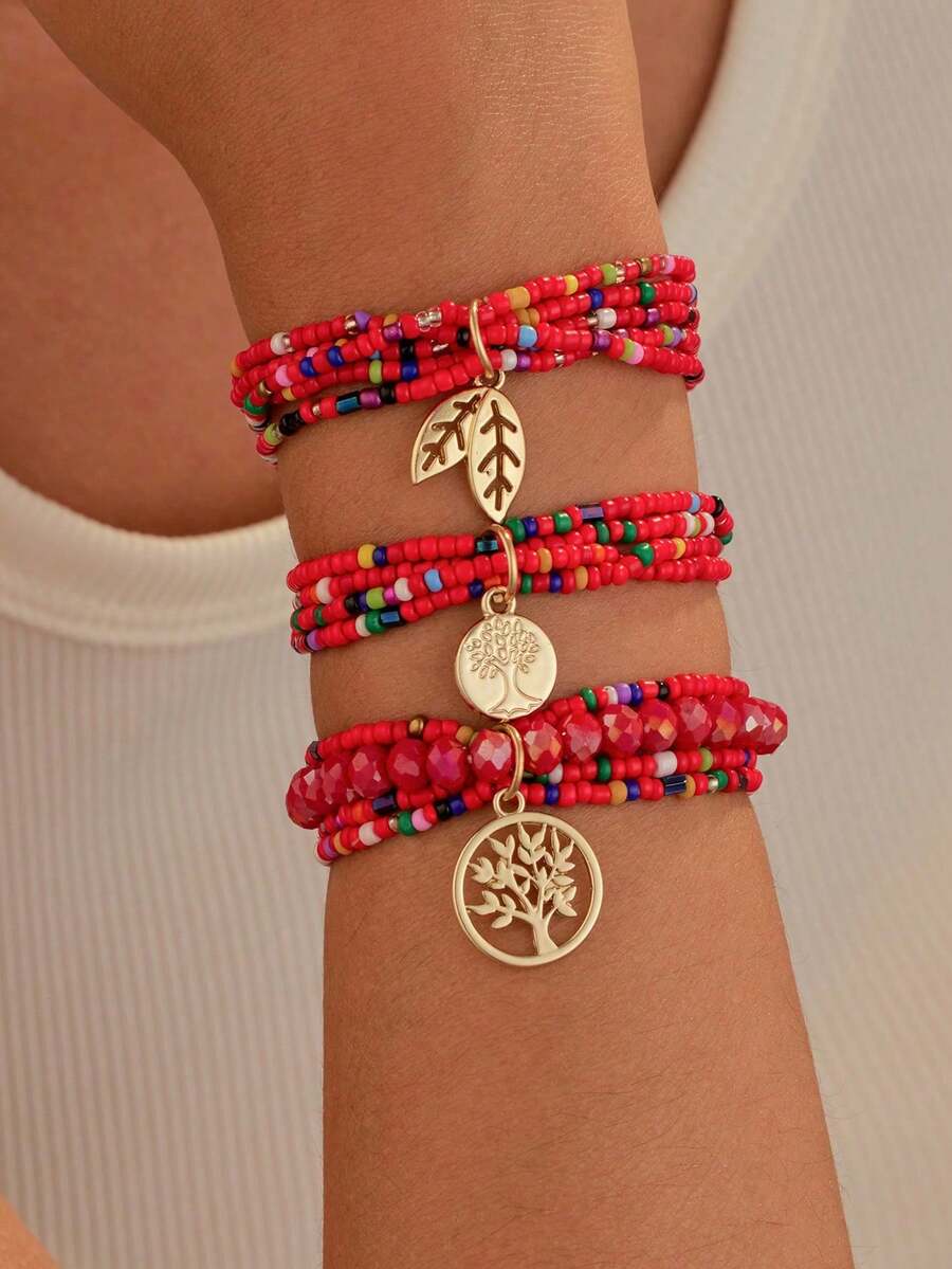 3件套波西米亚风多色串珠生命树吊坠手链 - 紅色 - 查看 1