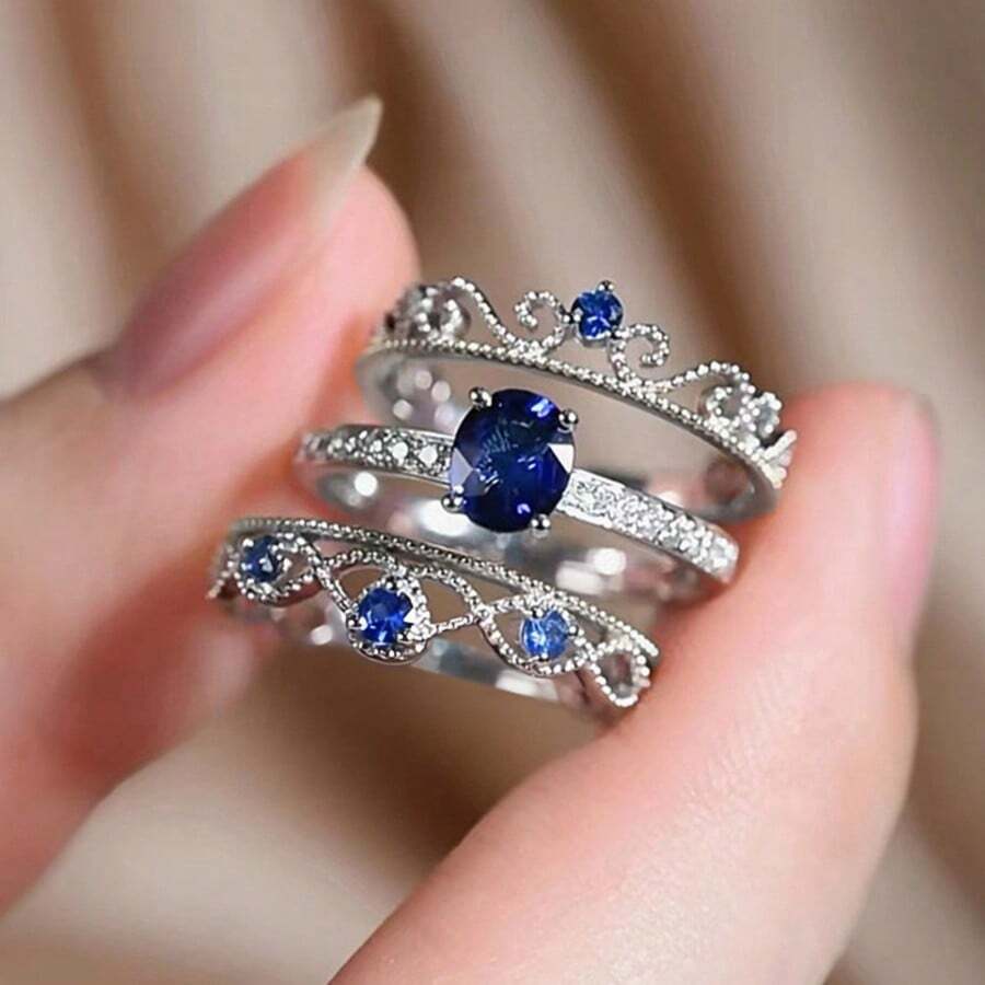 Bộ 3 chiếc nhẫn trang sức nữ sang trọng, cá nhân hóa, đính đá Zirconia xanh dương, kiểu dáng Crown Royal, phù hợp cho đám cưới, lễ đính hôn, đeo hàng ngày, dự tiệc, các mùa trong năm, đặc biệt là mùa hè. - Bạc - Xem 1