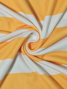 Retro American Yellow & White Striped Short Sleeve T-Shirt For Women, Loose Fit Slimming Round Neck Casual Versatile Tee Suitable For Summer, Beach, Vacation, School, Office, Daily Wear, Date Night - Multicolor - View 4