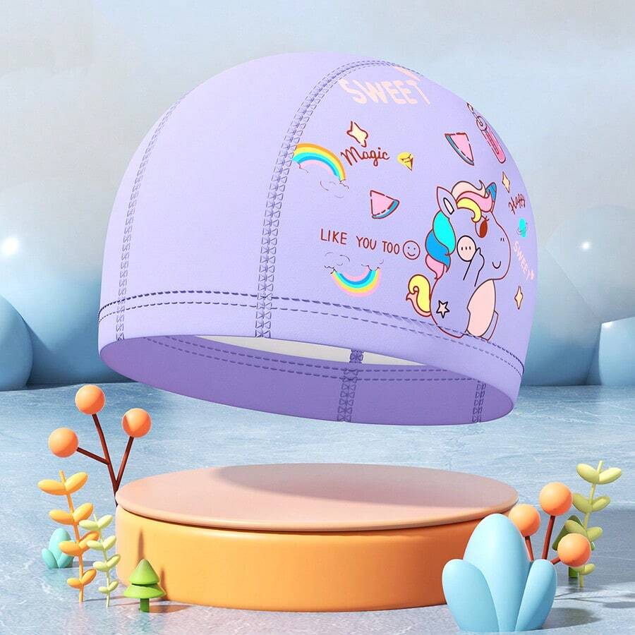 Middle School Students PU Cartoon Print Swimming Cap With Waterproof Coating, Elastic And Comfortable, Does Not Pinch The Head Swimming Cap - Multicolor - View 1