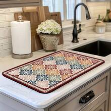 1 pieza Felpudo multiusos absorbente con patrón de azulejos florales vintage azul y dorado, protector de encimera impermeable de poliéster para cocina, mesa de comedor, secado de platos, lavadora, cafetera, tocador de baño, accesorios de cocina, suministros para fiestas - Mosaico de azulejos florales en tonos cálidos - Ver 5