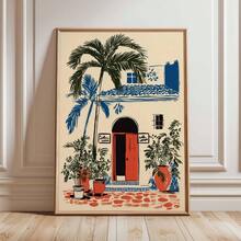 1幅无框帆布墙画海报，波西米亚风彩色庭院帆布印刷海报，地中海夏季海岸风光，平面2D，现代简约海岛旅行艺术印刷品，适用于客厅、卧室装饰，理想的墙面艺术家居装饰海报 - A - 查看 2