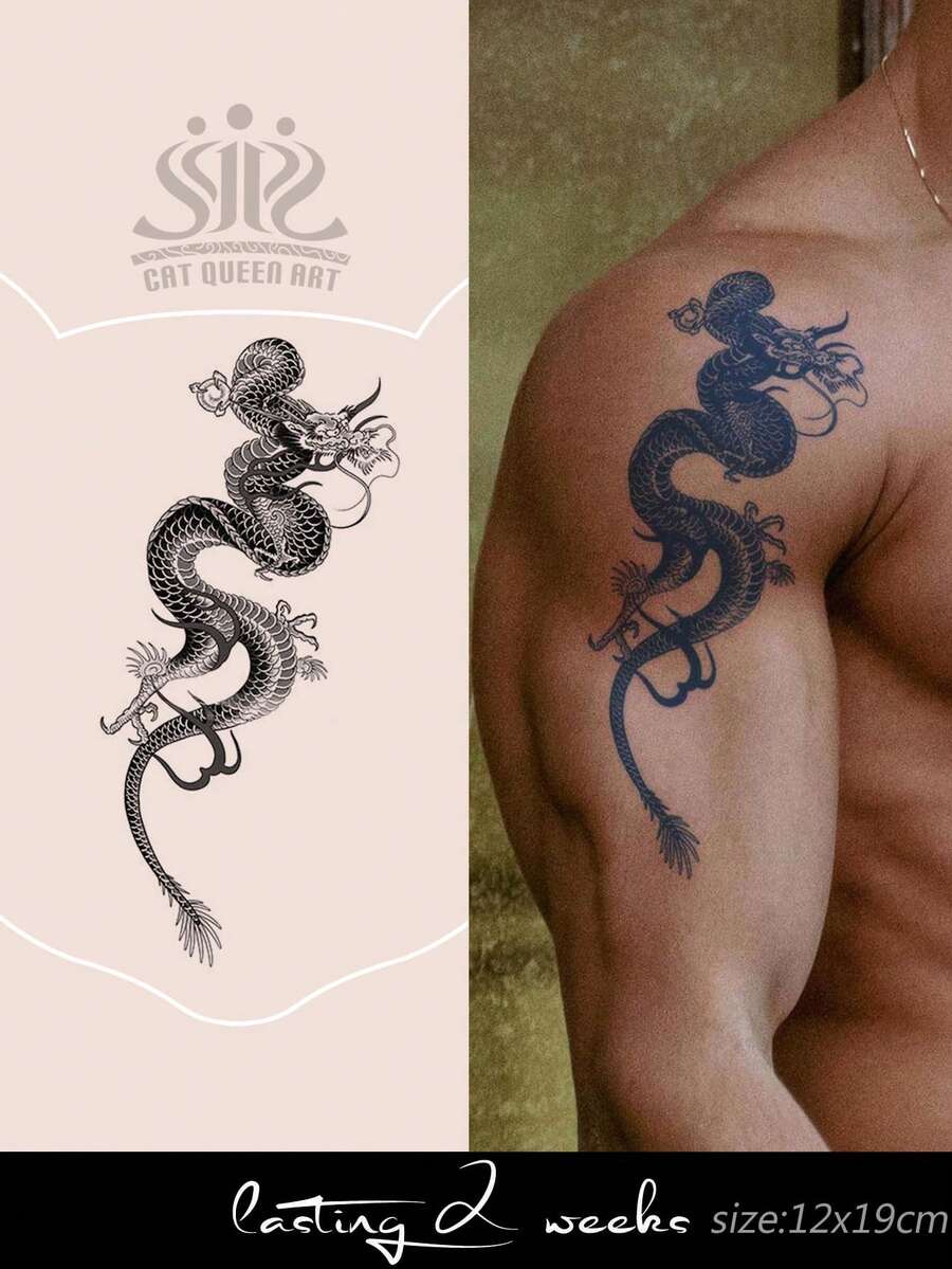 CAT QUEEN ART 男士大型花卉手臂臨時紋身貼,龍圖案,1-2週防水逼真紋身貼紙,適用於胸部、腰部、腹部、大腿、肩膀、頸部、鎖骨 - 黑色 - 查看 1