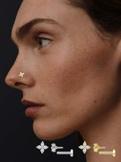 925 Sterling Silver Flat Rhinestone Geometric Clover Flower Earring Set, Small Nose Stud, Lip Stud, Ear Stud
