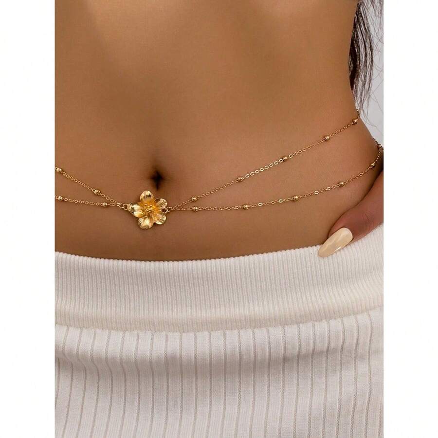 1pc Women Waist Chain Gold Metal Five Leaf Flower Beaded Waist Ornament Elegant Exquisite Waist Chain Delicate Texture Light Luxury Versatile Comfortable To Wear Body Shaping Design Suitable For Beach Vacation Bikini Matching Daily Outing Leisure Outfits For Adult Ladies Elegant Fashion Popular Style Exquisite Luxury Accessory Beautiful Matching Not Easy To Fall Off Ideal Gifts For Girlfriends Friends Early Summer Summer Warm Holiday Presents - 黃金 - 查看 1