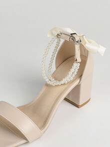 Damen Perle Schleife Dekor Sandaletten mit Absatz, süßer Stil, apricotfarbene Sandalen mit rundem Zehenbereich, Schleife und Absatz für den Sommer - Aprikosenfarben - Übersicht 8