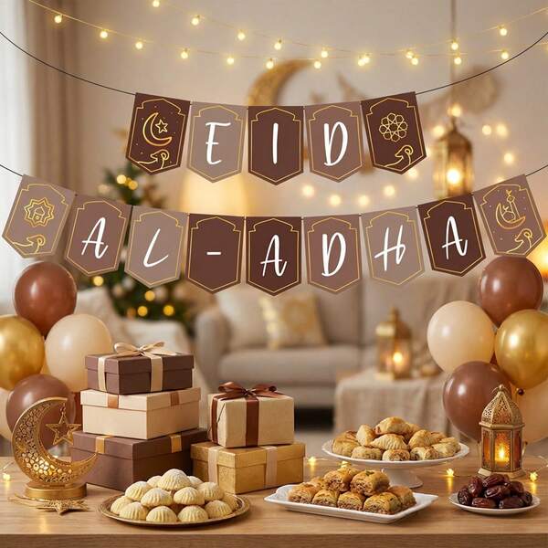Eid Al-Adha Celebration Decorative Banner Pulling Flag Photography Props, Muslim Festival Decorations,Eid Al-Adha Decorative Supplies,Cute White Sheep BackgroundDesign,Suitable For Family And Friends To Celebrate Holidays