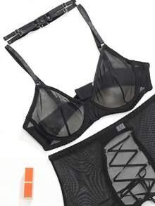 3pcs Women's Sexy Lingerie Set, Mesh Garter Belt - Black - View 9