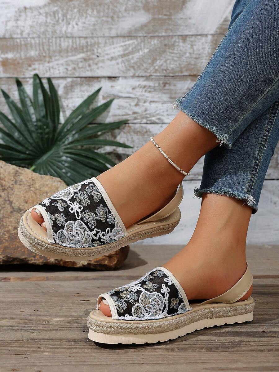 New Women's Fashion Summer Casual Slip-On Elegant Mesh Embroidered Open Toe Backstrap Flat Sandals, Suitable For Daily, Vacation, Commute, And Dating Outfits - Multicolor - View 1