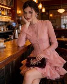 Pink Ruffle Bell Sleeve Dress – Sexy Button Down Bodycon Mini With Sheer Sleeves & Ruffled Hem For Club Party, Cocktail & Special Occasion - 粉色 - 查看 4