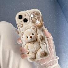 1pc Cute Bear Cartoon Pattern Phone Case, 2D Flat Design Cream Lace Trim Thick Shock-Proof Luxury Feel Phone Case - Antique White - View 3
