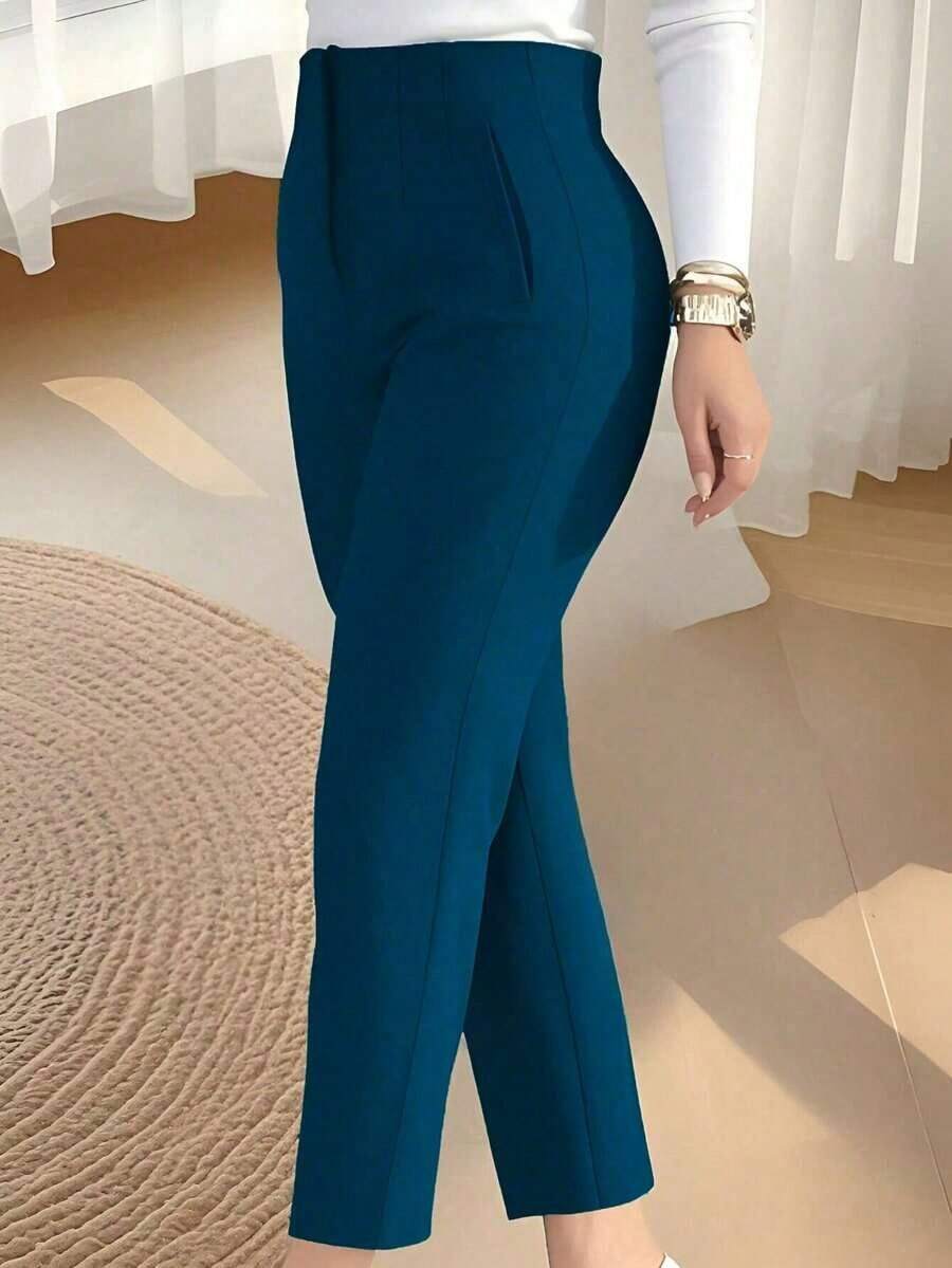 Pantalones tobilleros elegantes de unicolor y ajustados con cinturón para mujer, pantalones de trabajo y uso diario, color rojo primavera - Azul eléctrico - Ver 1
