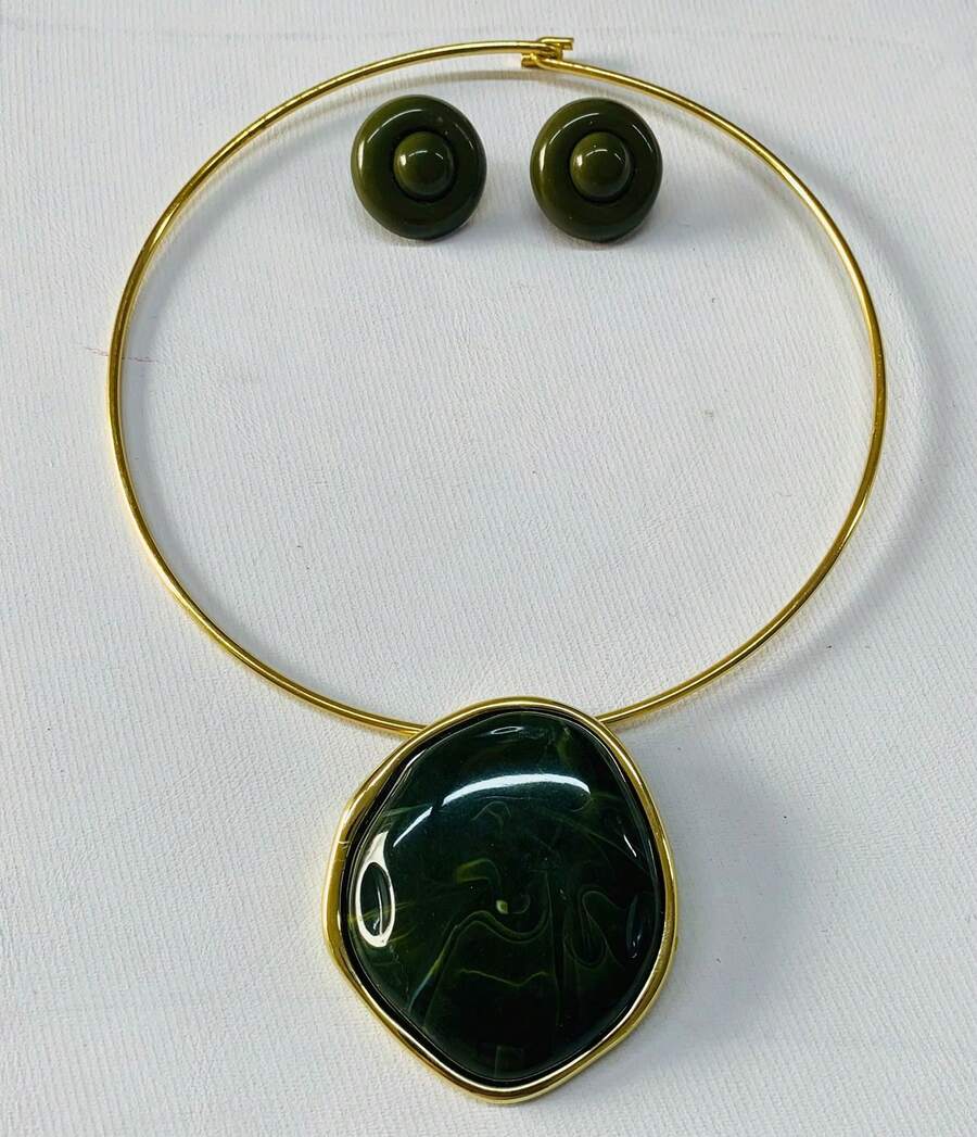 Gold-Plated Choker Set For Mother's Day - Be Beautiful Like A Jewel. - 墨綠色 - 查看 1