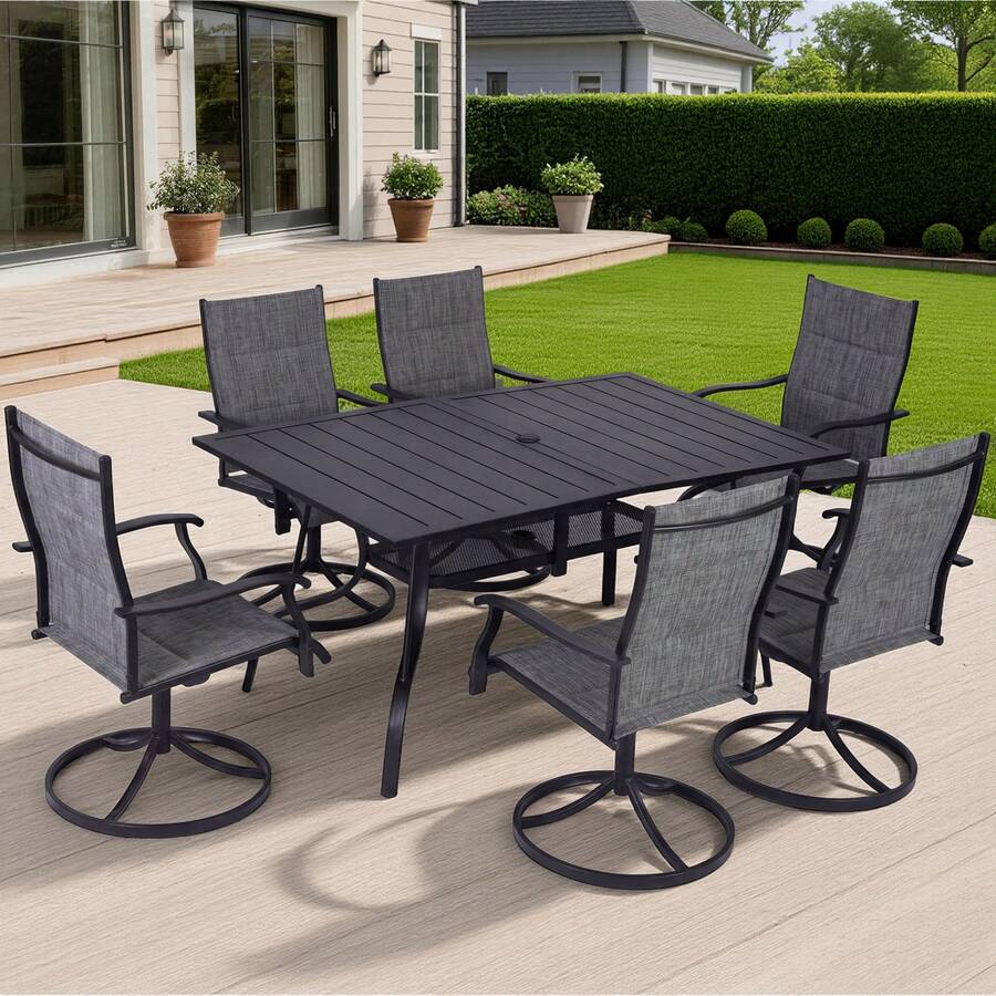 BOSMILLER 7-Piece Outdoor Patio Dining Set With Swivel Chairs & Metal Table, All-Weather Furniture For Deck, Lawn, Garden - Grey - Grey - View 1