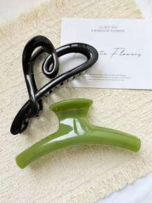 2个/1个 4.56英寸/11.6厘米 绿色和黑色心形塑料发夹，时尚百搭优雅简约纯色发爪，适合日常、休闲、派对、通勤、海滩、丸子头、马尾辫、洗脸、化妆、服装配饰，夏季海滩发爪夹 - 彩色 - 查看 5