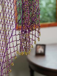 1pc Bohemian Purple Beaded Mesh Shawl, Handmade Crochet Hollow Out Sunscreen Wrap, Suitable For Beach, Party, Wedding, Women's Elegant Crystal Tassel Cape - Purple - View 3