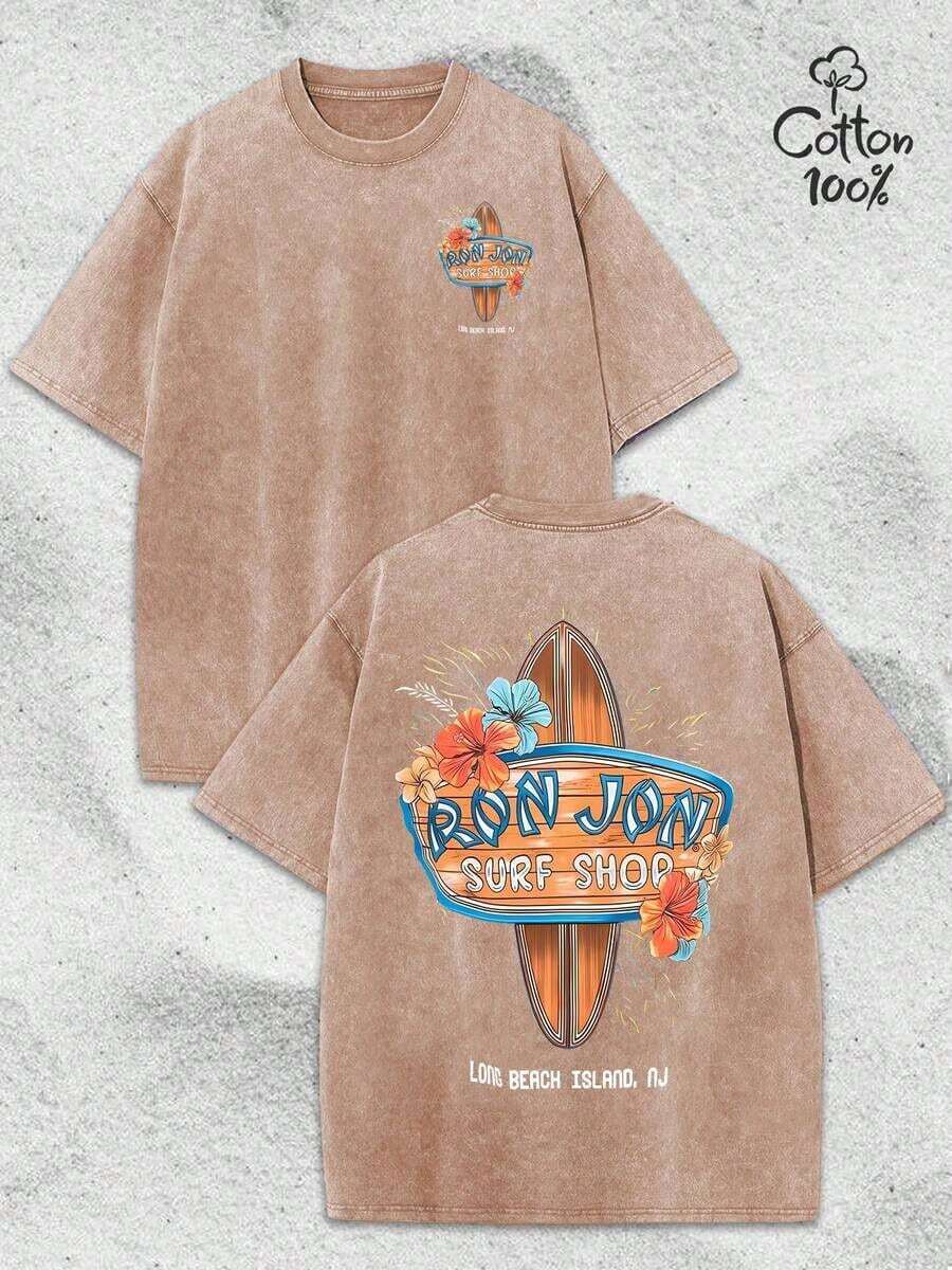 Surf Shop Logo With Surfboard And Tropical Flowers Graphic Print Cool Stylish T-Shirt For Mens,Summer Avant-Garde Casual Loose Breathable T-Shirt, Crew Neck Pullover, Slightly Stretchy Soft Fabric, Fashionable Design, Ideal For Daily Outings, Personality Style[Street Comfort Cotton T-Shirt] - 咖啡棕 - 查看 1