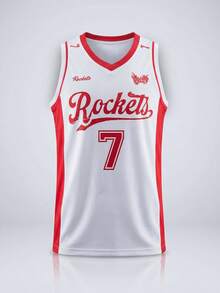 Vintage Distressed Printed Basketball Jersey, Rockets #7 Shirt, Streetwear Sleeveless Top - White - View 5