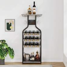 Estante de vino independiente de metal, contiene 16 botellas, escritorio, estante de vidrio, para bar, cocina, comedor, sala de estar, espacios pequeños - Gris - Ver 4