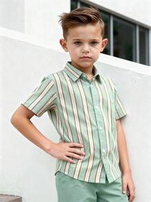 Bộ quần áo mùa hè 2 món cho bé trai, áo sơ mi kẻ sọc thời trang và quần short thường ngày. - Màu xanh Bạc hà - Xem 5