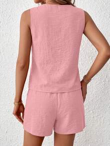 PRETTYGARDEN Women's Summer Clothes Tanktop 2 Piece Sets Outfits Sleeveless Matching  Button Down V Neck Vest Waistcoat And Pockets Going Out Short Sets Vacation - 粉色 - 查看 2
