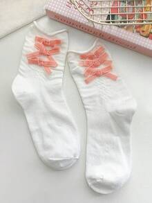 1/4 双甜美百搭洛丽塔单层荷叶边蝴蝶结袜口中筒袜，春夏款 - 彩色 - 查看 11